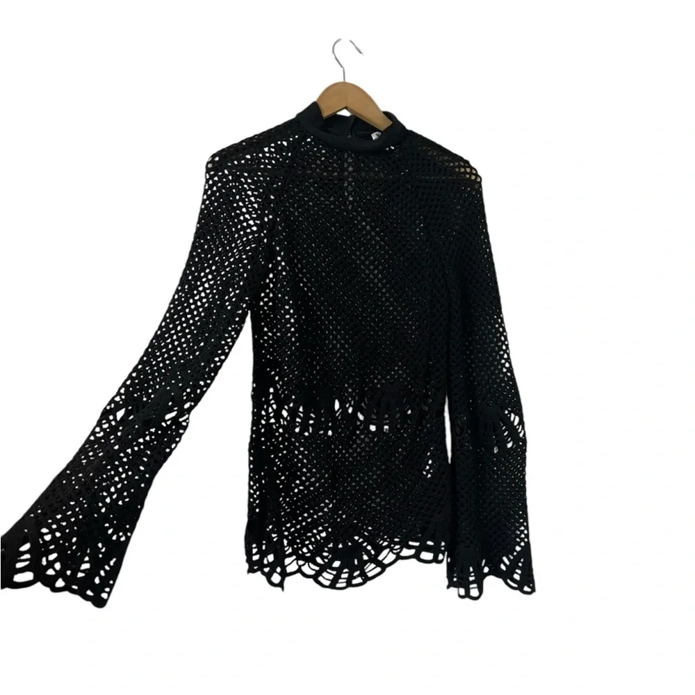 SELF-PORTRAIT Sheer Crochet Lace High Neck Black Sweater Top